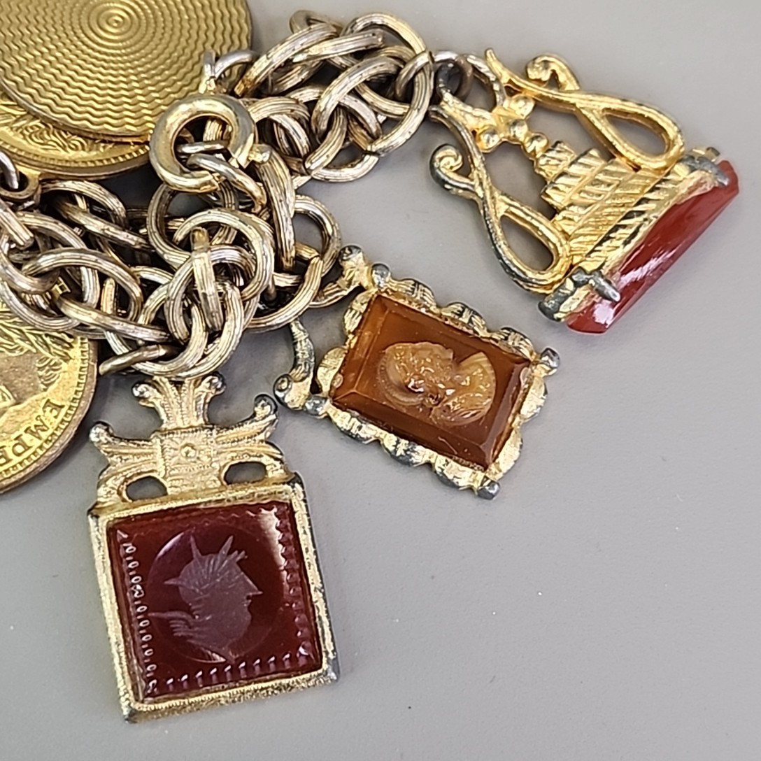 Vintage Intaglio Charm Coin Bracelet Carnelian Signet 7″ Signet Gold Tone Worn