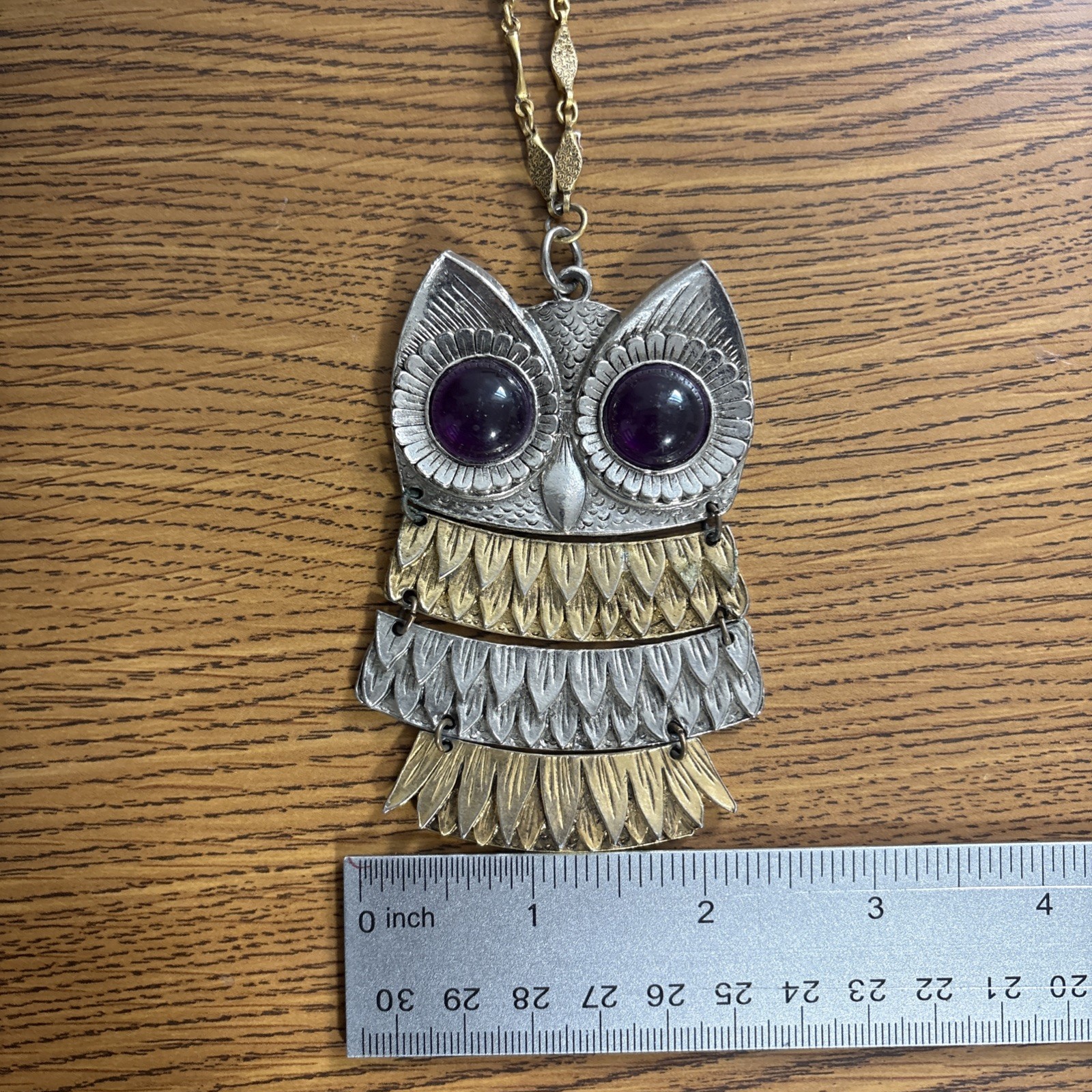 Vintage Silver & Gold Tone Articulated Owl Pendant Necklace W/Purple Stone Eyes