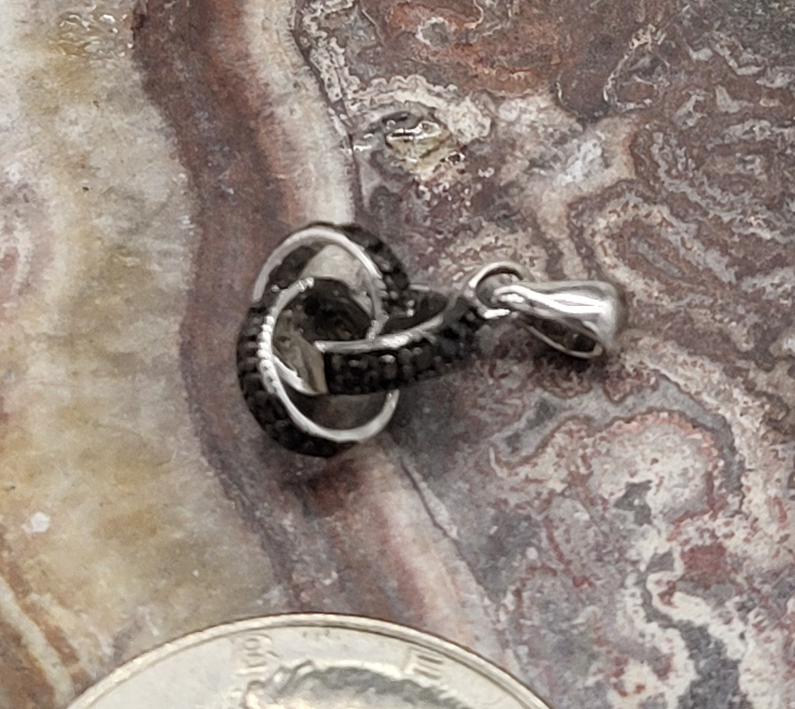 Estate, DBJ sterling pendant, 2 intertwined rings, black crystal stones