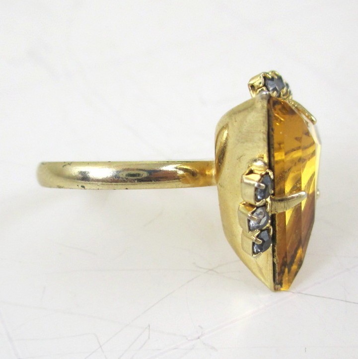 Vintage Mod Triangle Amber Orange glass rhinestone Statement Cocktail Ring Gold
