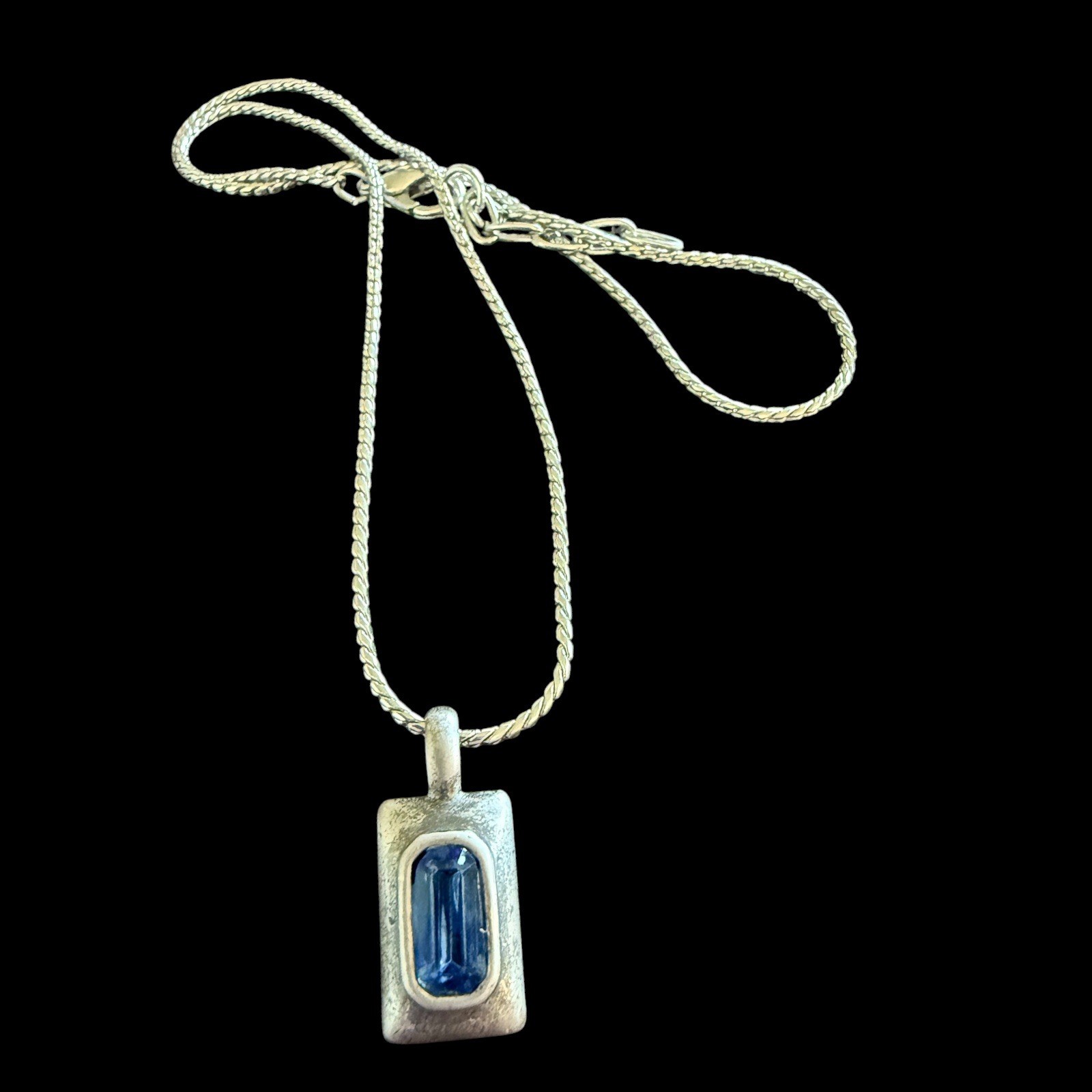 Vintage Silver Necklace Royal Blue Baguette Crystal Pendant, Silver toned Chain