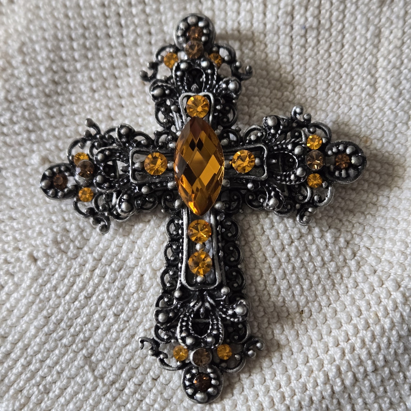 Gothic Cross Brooch Pin Amber Rhinestones Black Silver Tone Filigree 3″