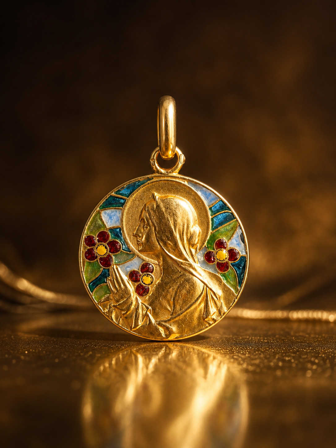 Virgin Mary Pendant 18K Gold Plique-à-Jour Enamel Religious Antique Art Nouveau