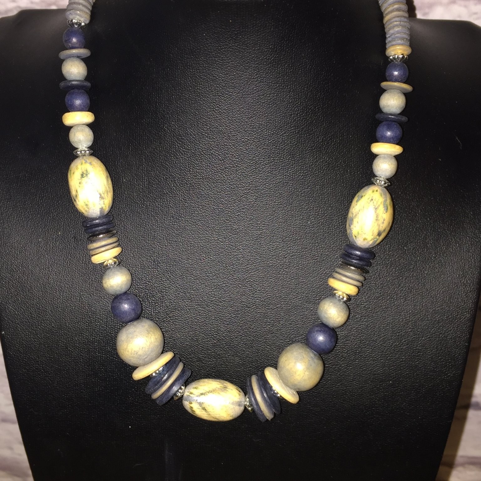 Vintage Beaded Statement Necklace Wood Acrylic Choker Blue Yellow Boho Chic