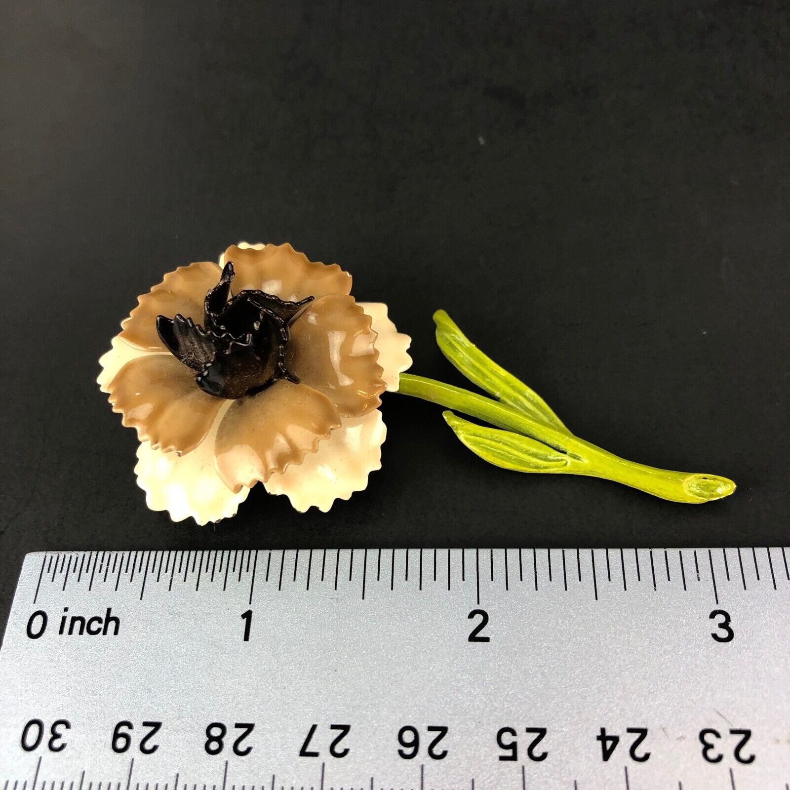 Vintage Signed Brown & White Enamel Flower Brooch