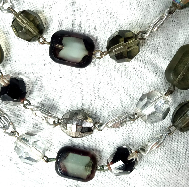 Vintage Smokey Green Beaded Bib Necklace 3 Strands Faceted Crystals W. Germany