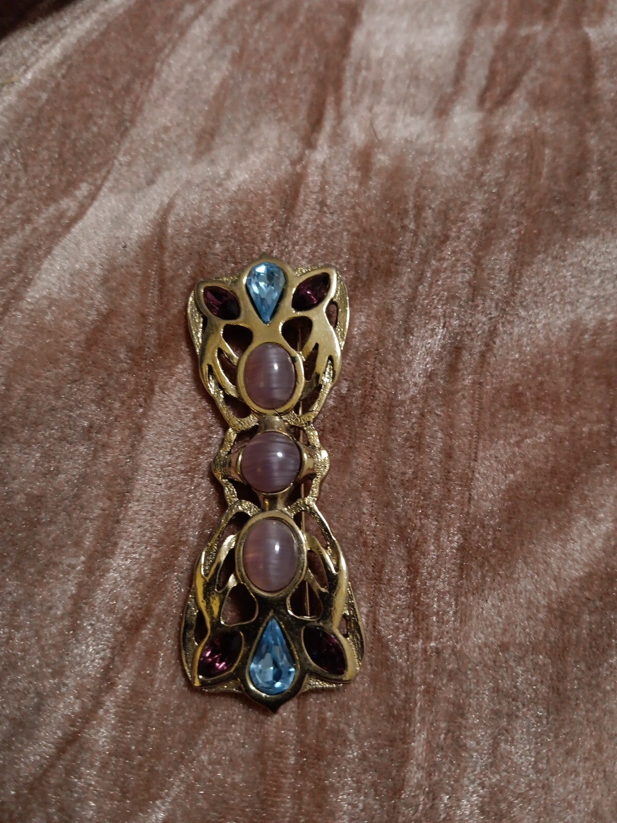 Vintage Gold Tone With Blue Pink And Purple Stones Brooch