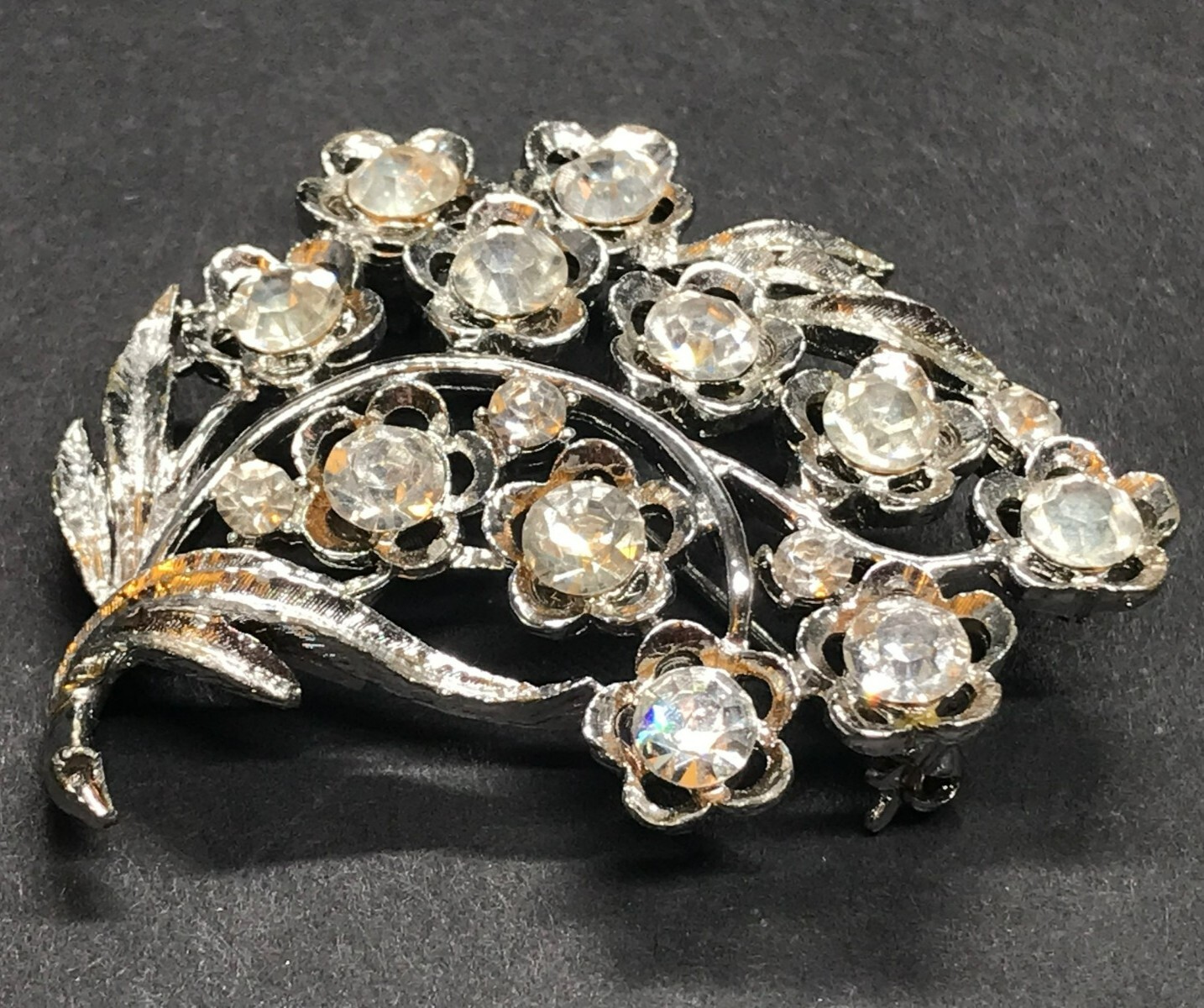 Mamselle Signed Silver Rhinestone Floral Bouquet Brooch Pin Spray Vintage Nice 