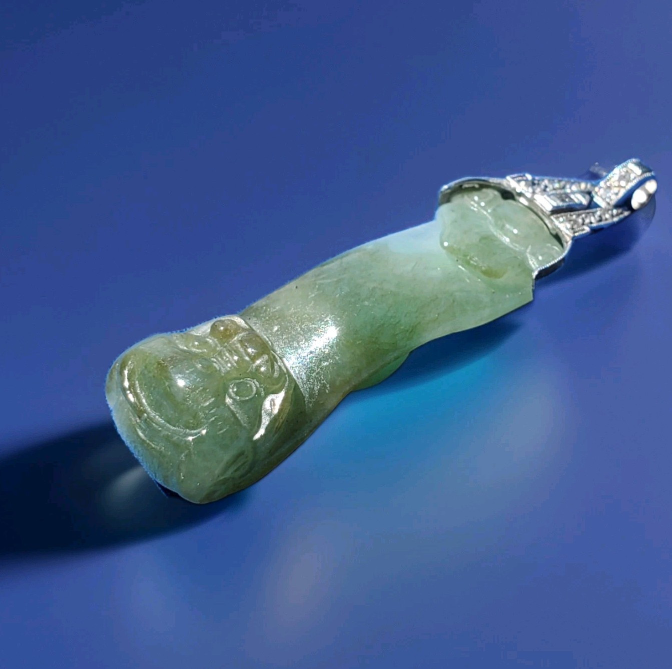 ORIGINAL Antique Green JADE DIAMOND Art Deco Pendant SOLID PLATINUM Medallion