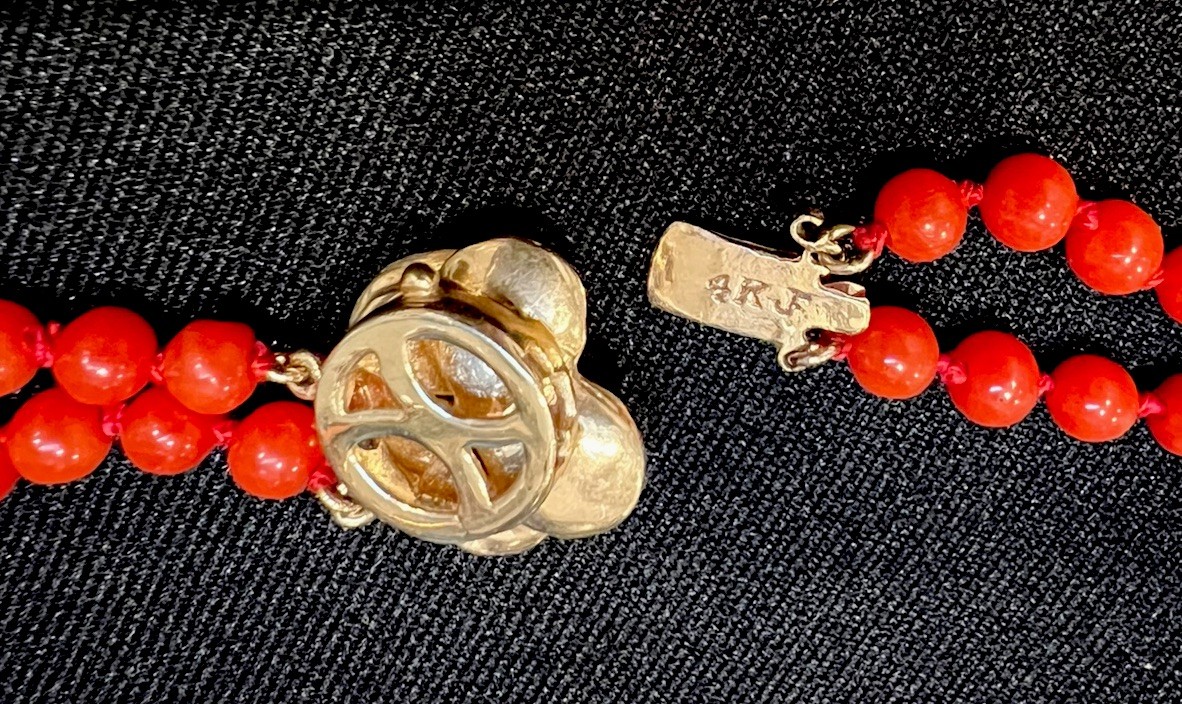 Red Coral Ox Blood Round Pearl Beads Necklace 14K Gold Clasp 2-Strands 26” 44.9g