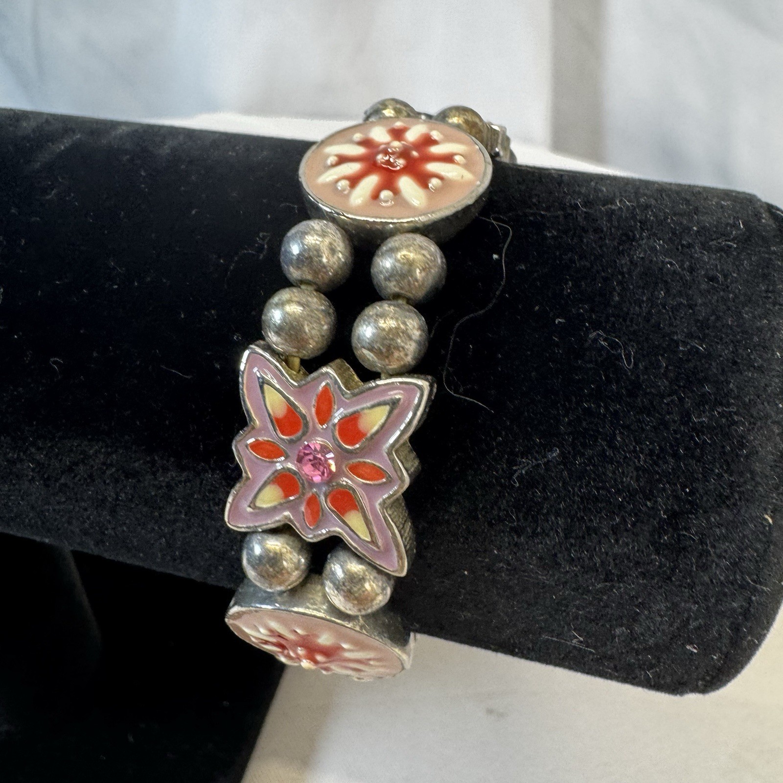 Vintage Silver Tone Stretch Bracelet Pink, Red, Purple & White