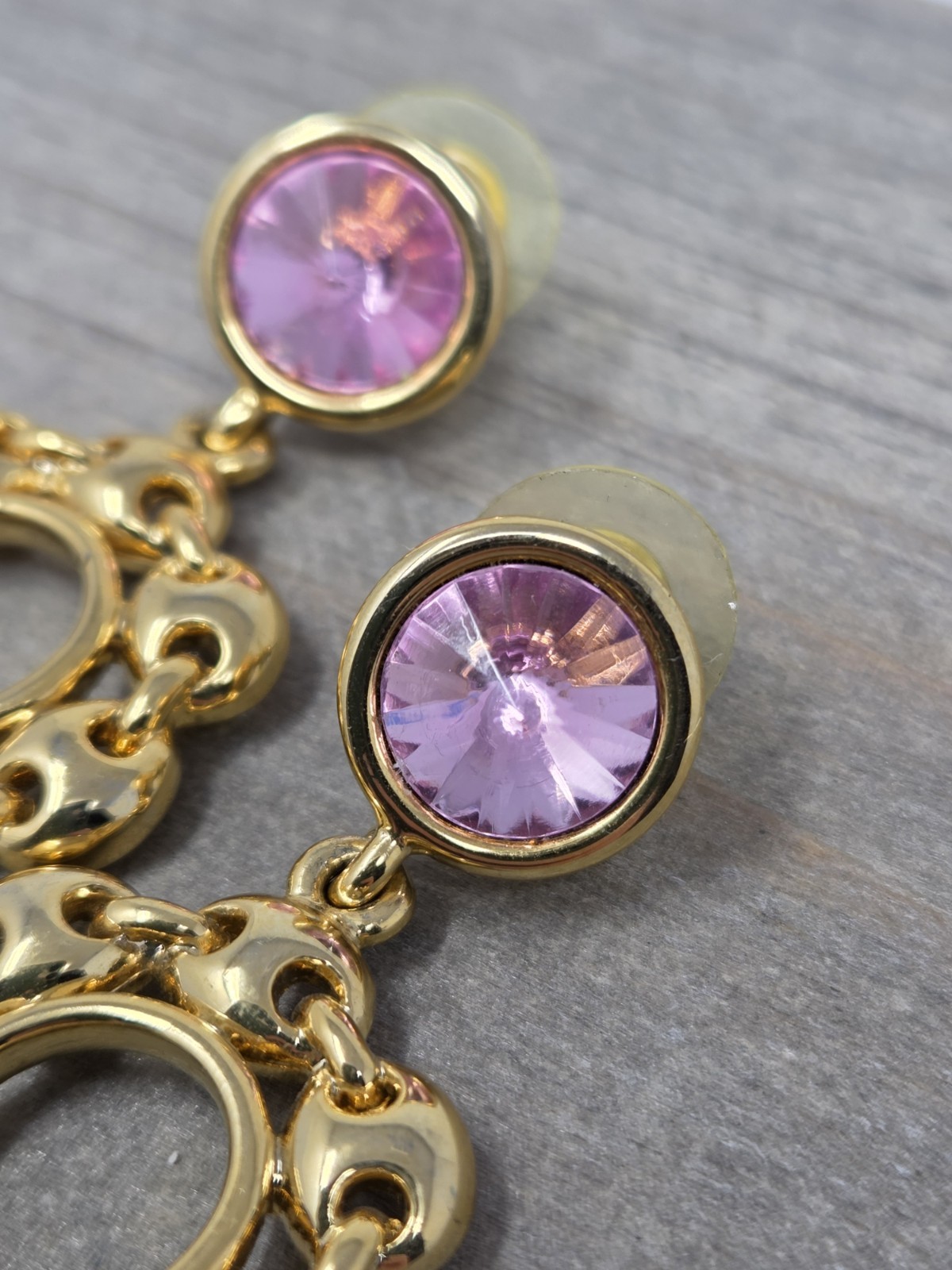 Gold Tone & Pink Acrylic Rhinestone Dangle Drop Hoop Earrings Vintage 1.7 Inches