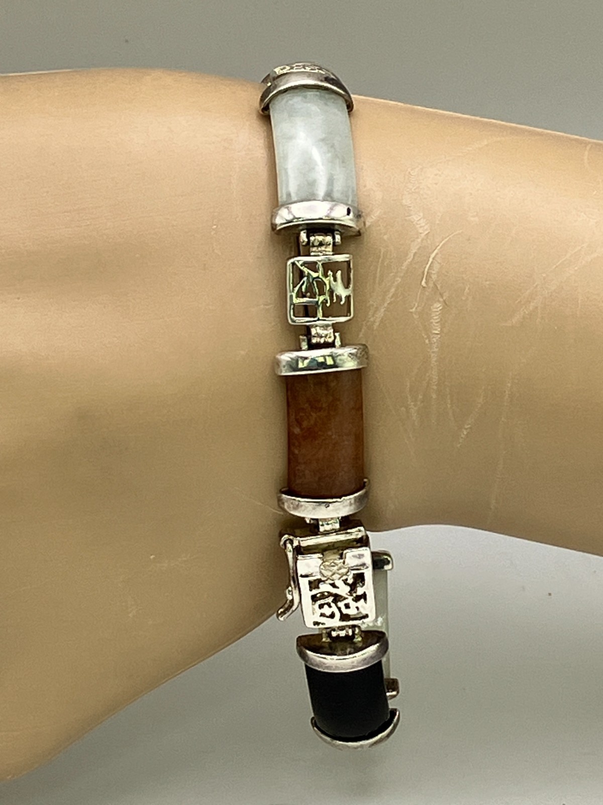DBJ Dee Berkley Sterling Silver Chinese Character 7.5 Inch Jade Link Bracelet