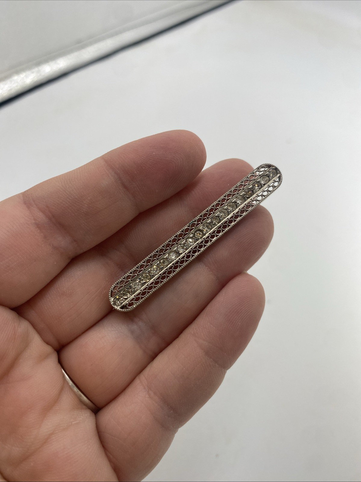 Antique Art Deco Sterling Silver With Rhinestones Bar Pin/Brooch