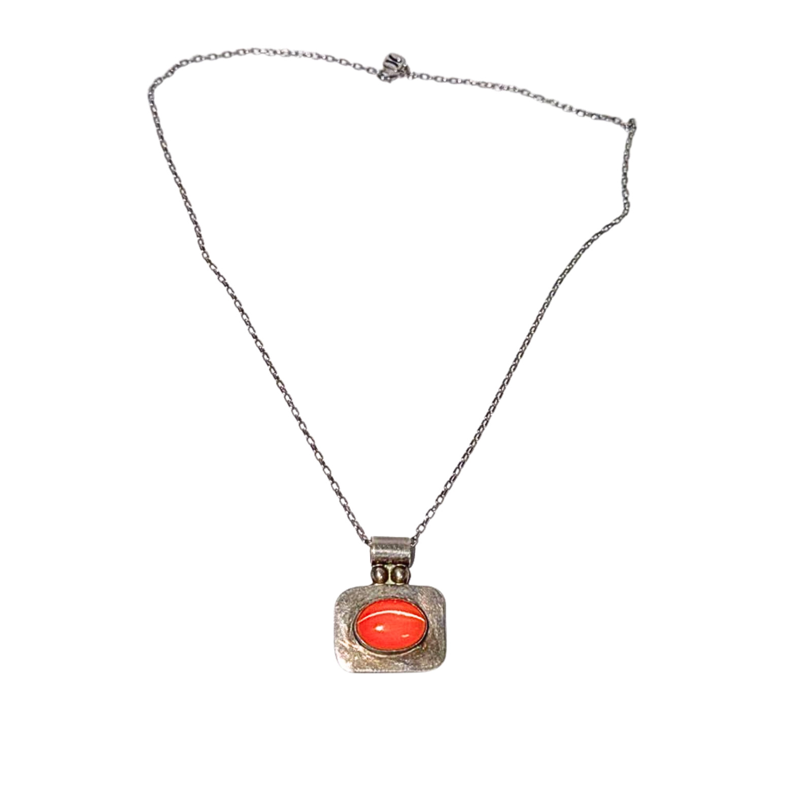 Vintage ATI Mexico 925 Sterling Silver Coral Cabochon Pendant Necklace Signed