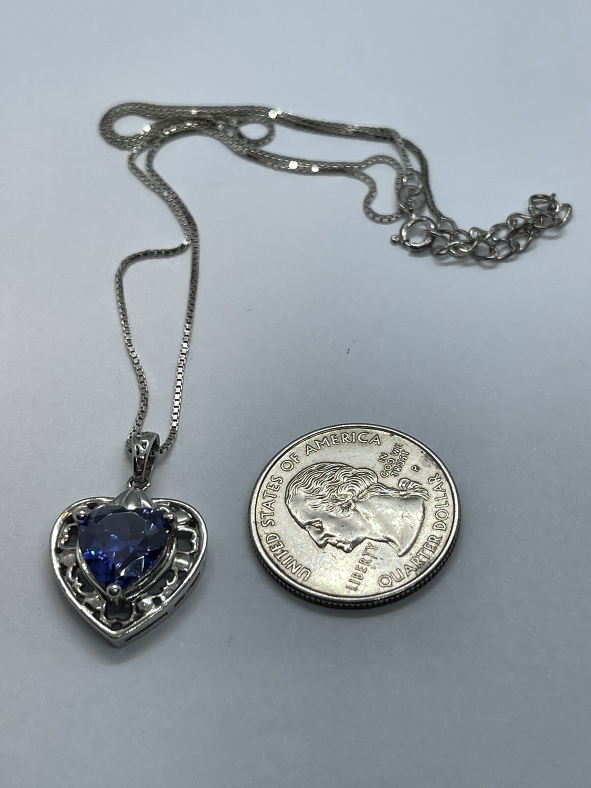 Vintage Bluish Purple Heart Shaped Stone on Sterling Heart Pendant Necklace 17”