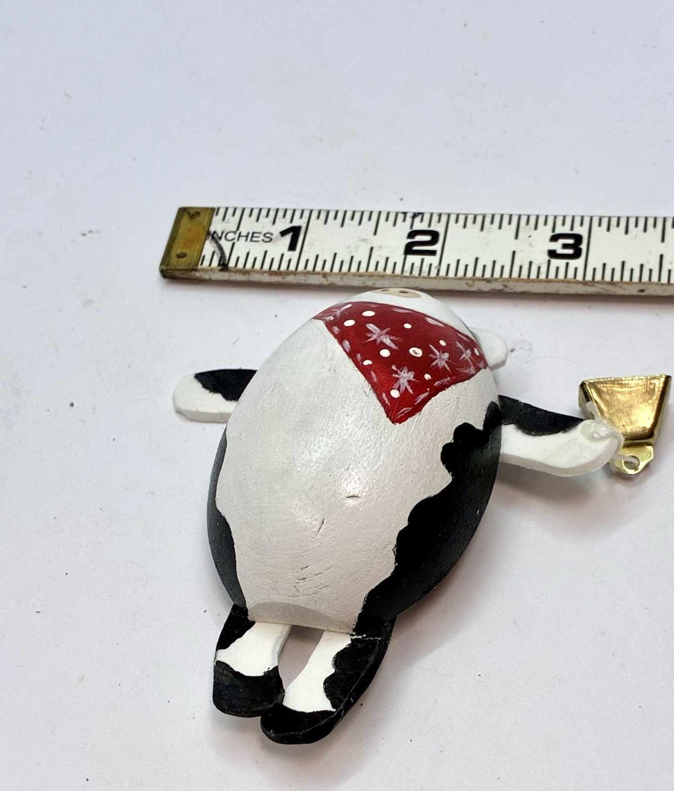 Cow Brooch Wooden Pin With Bell Handmade Hand Painted Wood Vtg 90’s