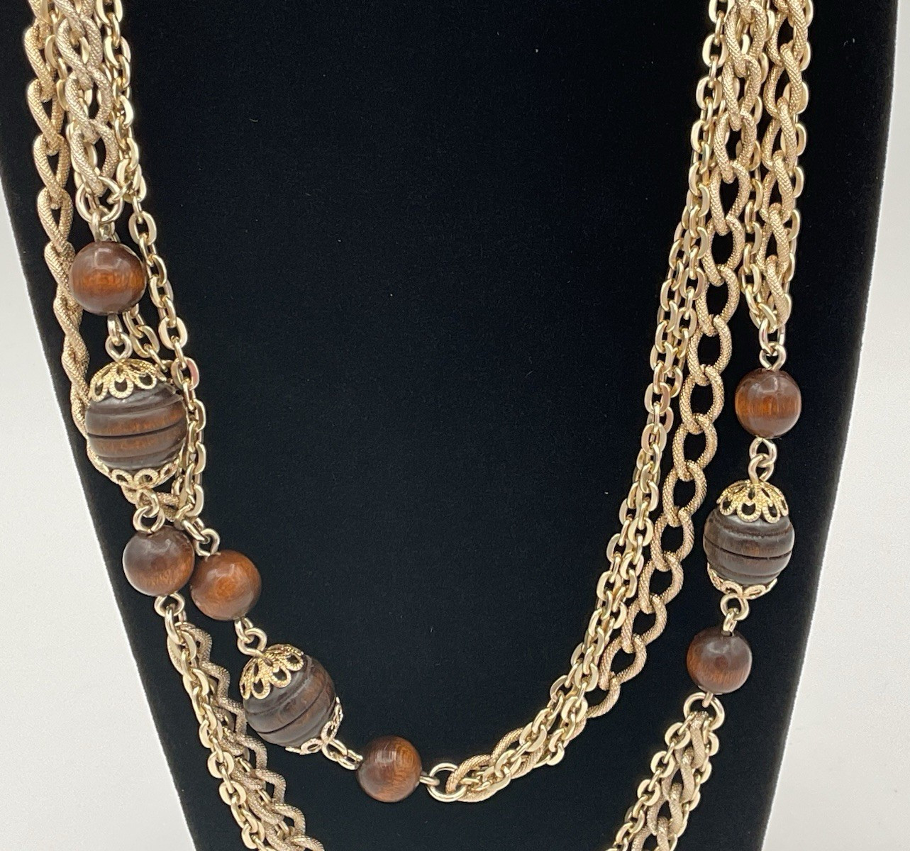 Emmons Goldtone Aluminum Chain Wood Bead Necklace 48″ NICE Fast Free Shipping!