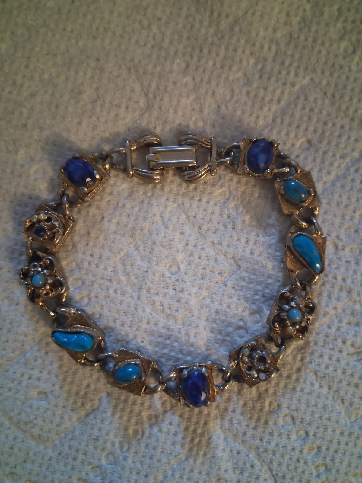 Vintage LJM gold tone chain link bracelet faux blue stones small pearls