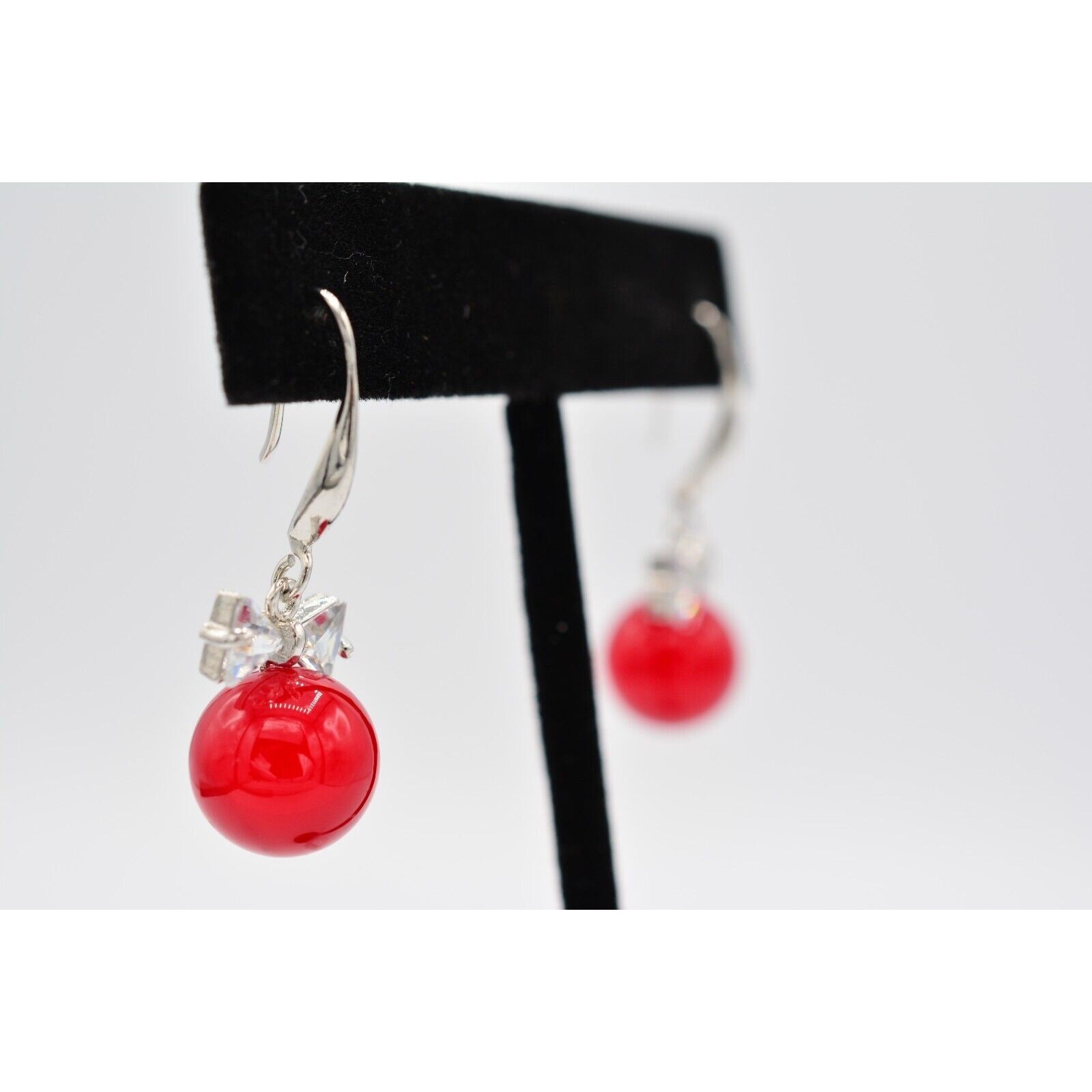 Vintage Dangle Earrings Crystal Bezel Bow Red Ball Drop Round 1990s BinAO