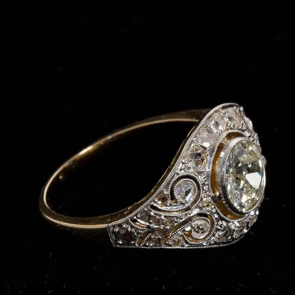 Art Deco Wide Old European Cut All Moissanite Gemstone Filigree Engagement Ring
