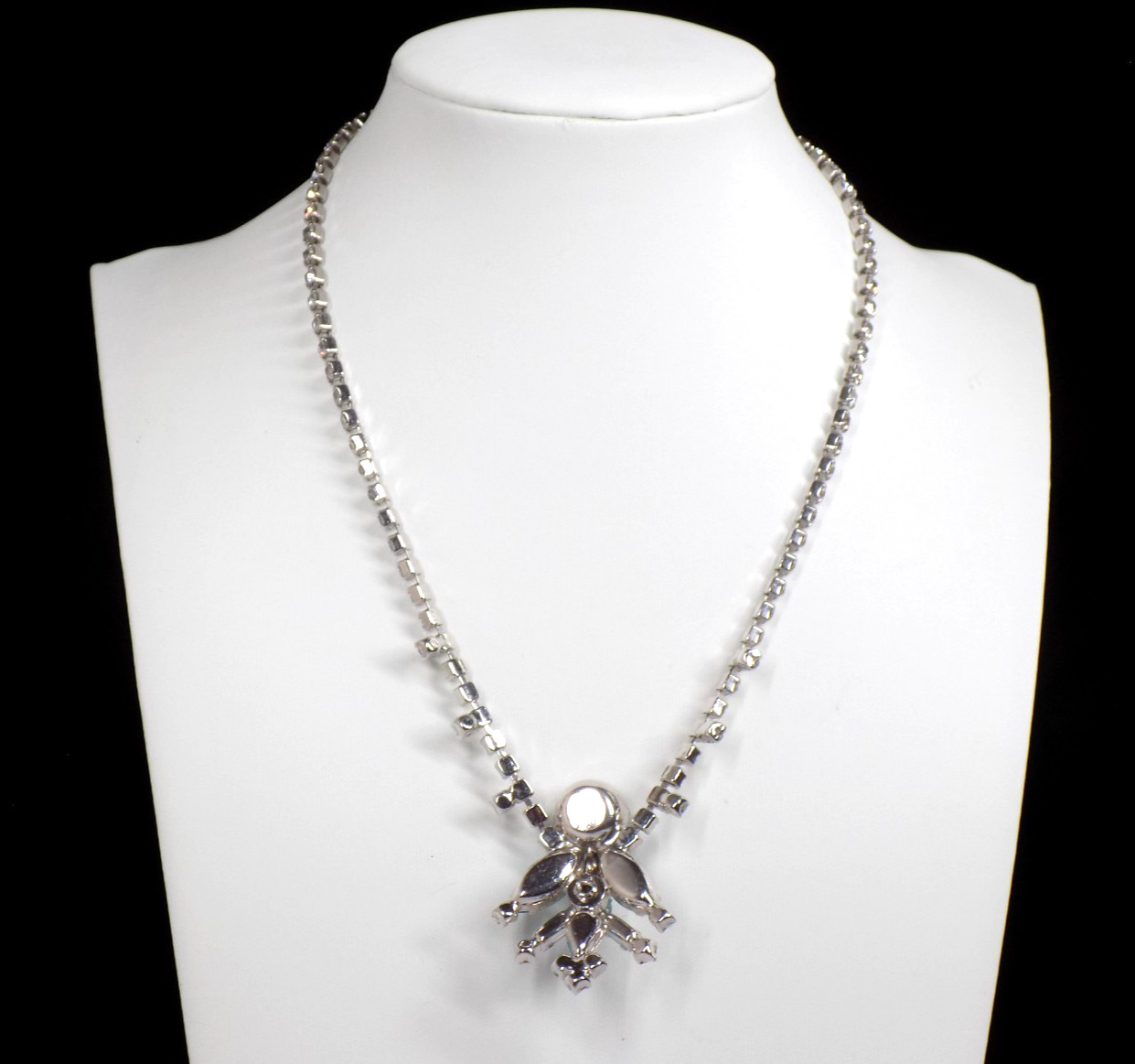 Vintage Rhinestone Cluster Necklace Silver-tone Aqua Blue White Colorless 14.5″