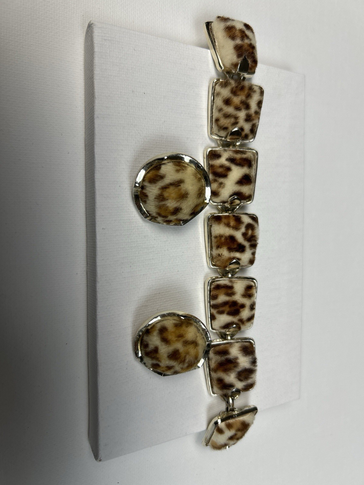 Vintage Leopard Print Faux Fur Bracelet Earrings Set Silver Tone Chunky 7in READ