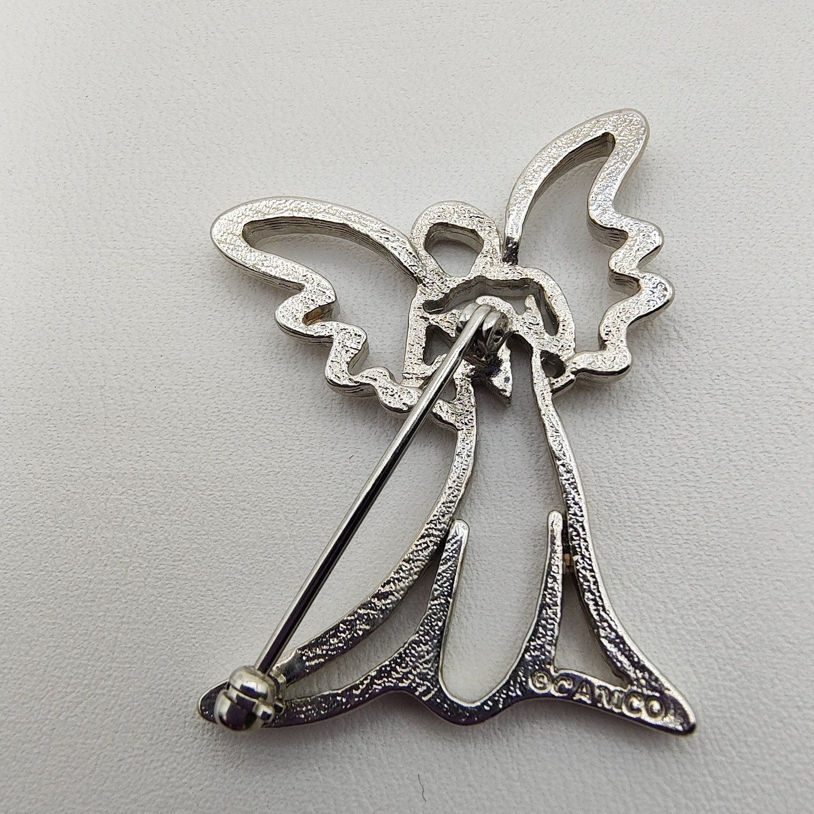 Vintage Guardian Angel Brooch Silver Tone Holding Heart Openwork Celestial Love