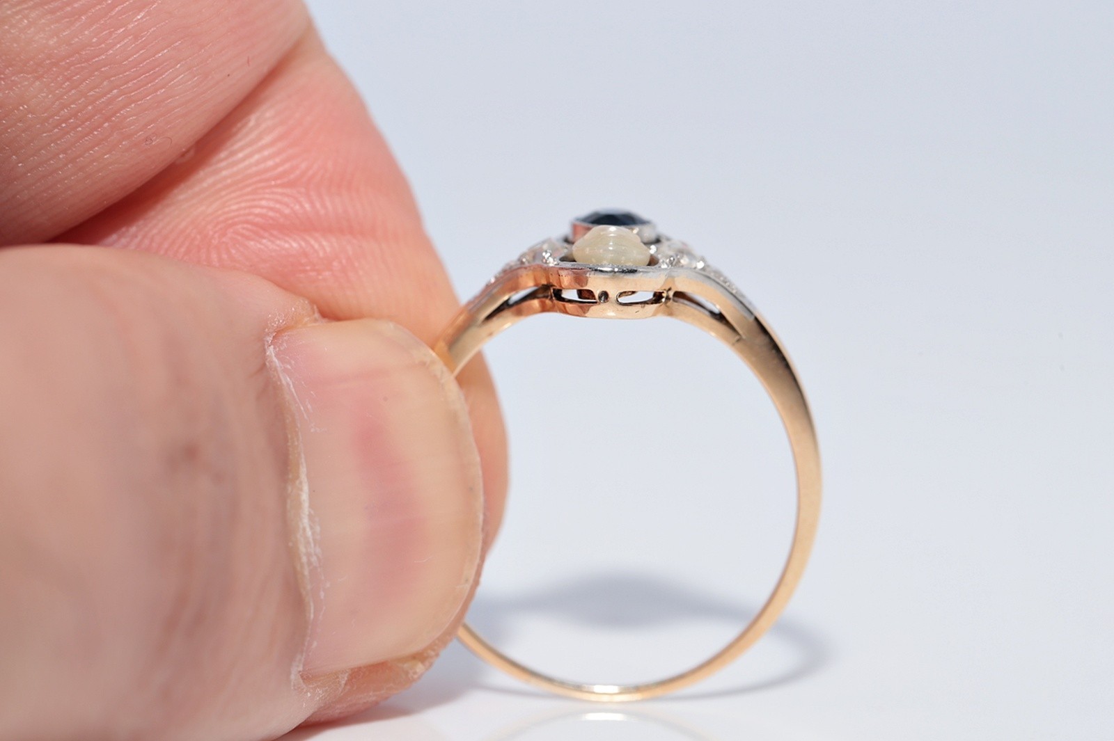 Antique Circa 1920s 14k Gold Natural Rose Cut Diamond And Sapphire Pearl Ring