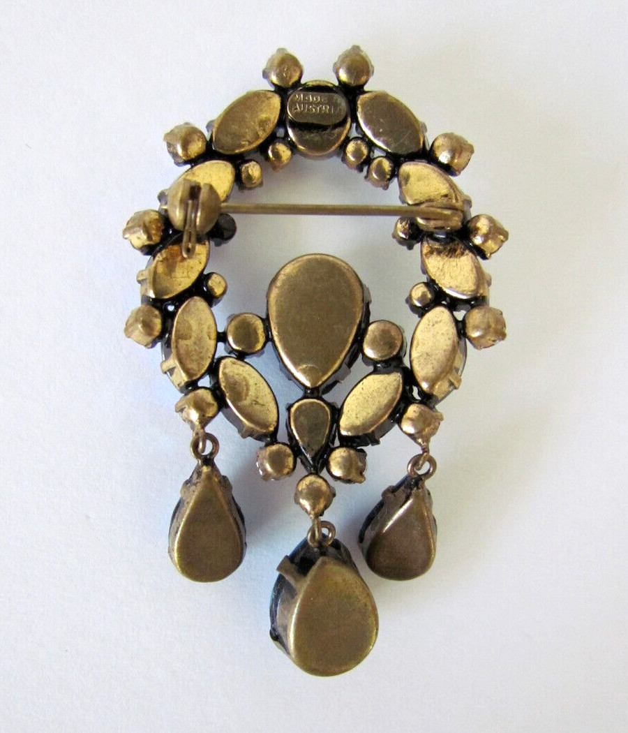 Vintage Austrian Art Glass Dangle Brooch Cabachon Rhinstones Blue Pink Rare