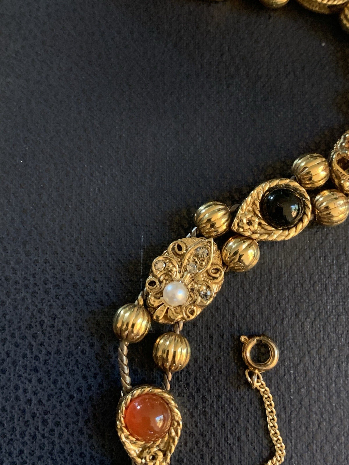 Vintage Victorian charm slide bracelet Gold Tone Faux Gemstones Free Ship