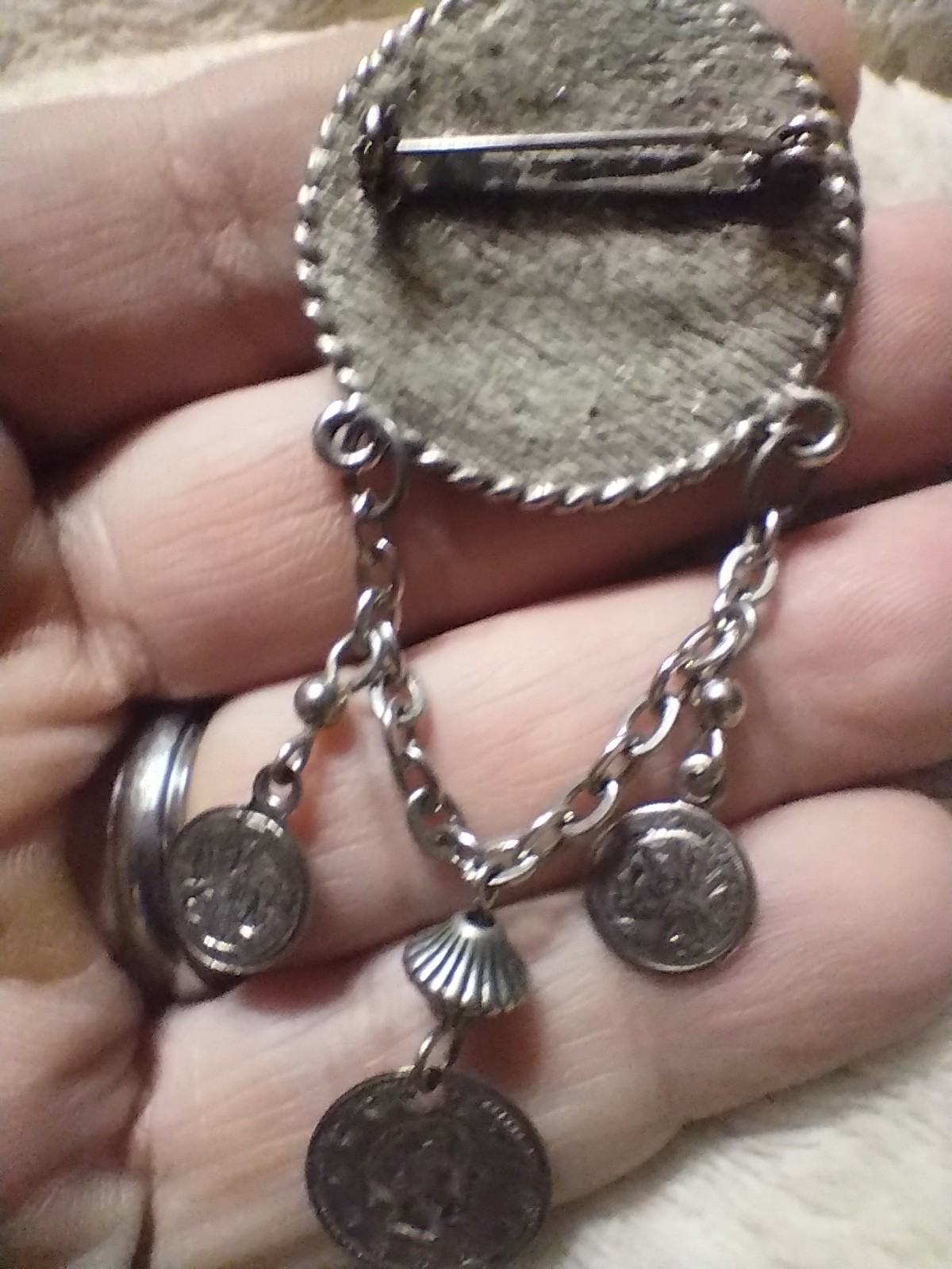 Vintage Simulated French Coins Dangle Brooch 3″