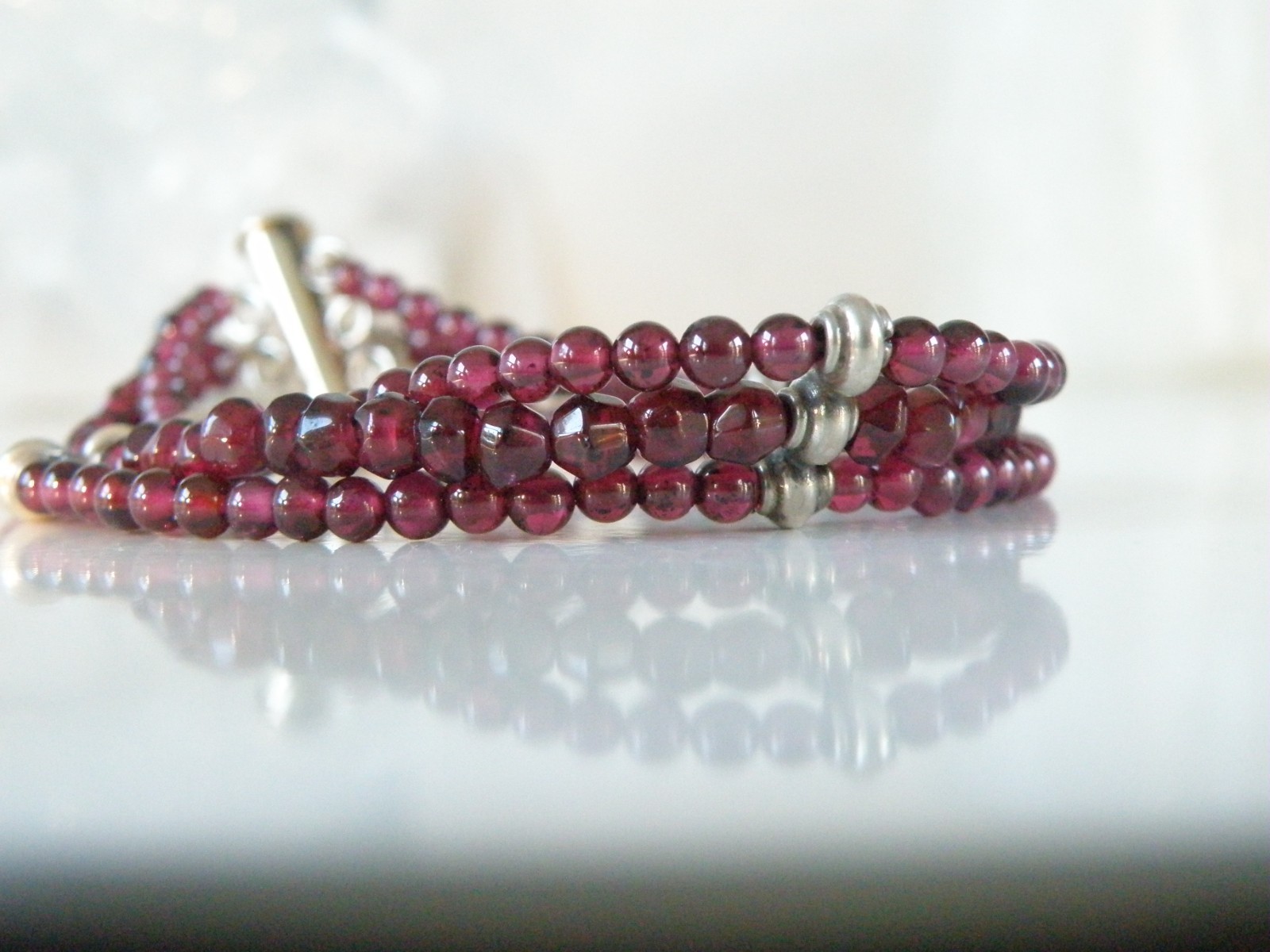 Vintage Sterling Silver 925 Bohomian Pink Red Garnet Station Bracelet 7.5″