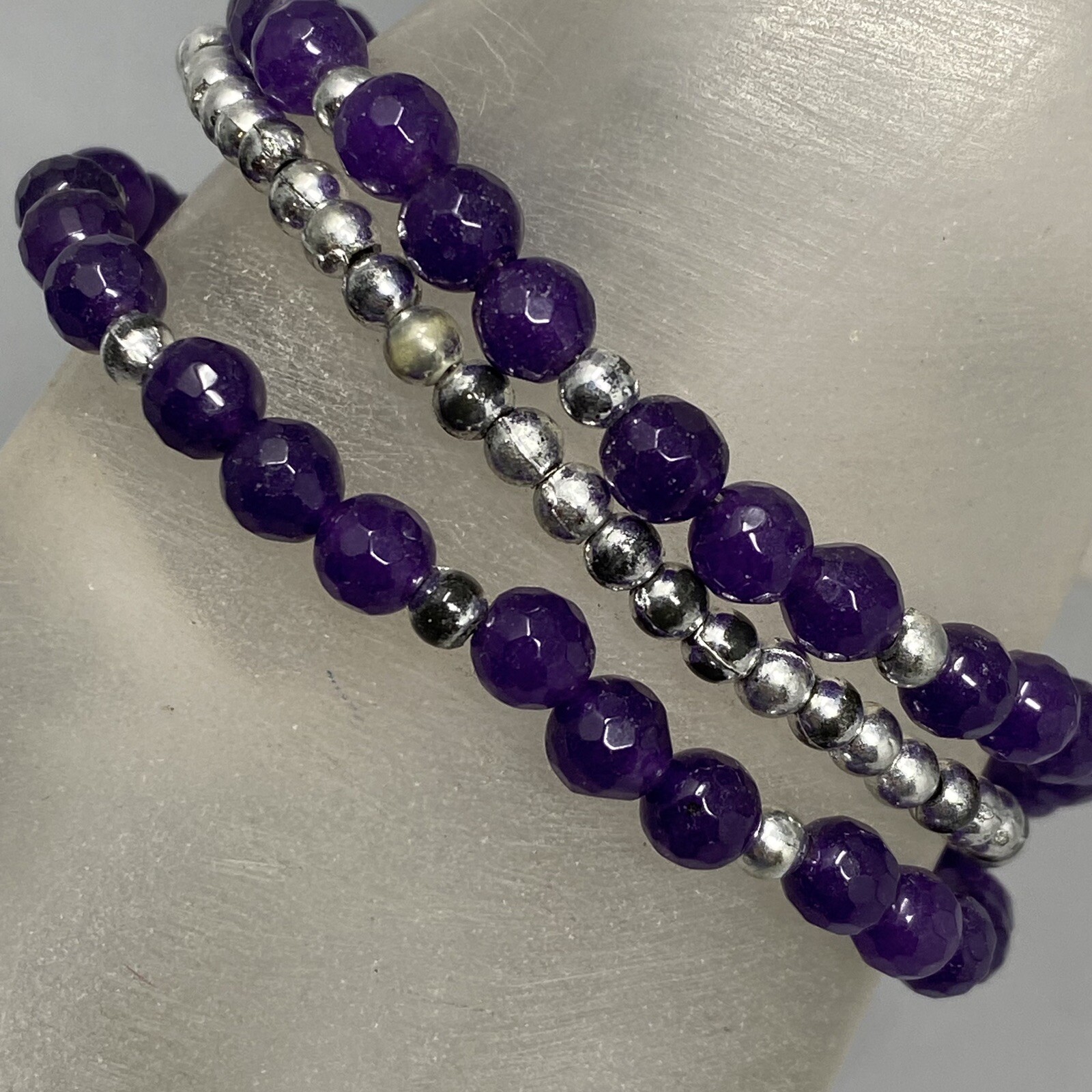 Amethyst Bracelet Purple Gemstone Faceted Stone Beads Layered Flower Toggle 6.75