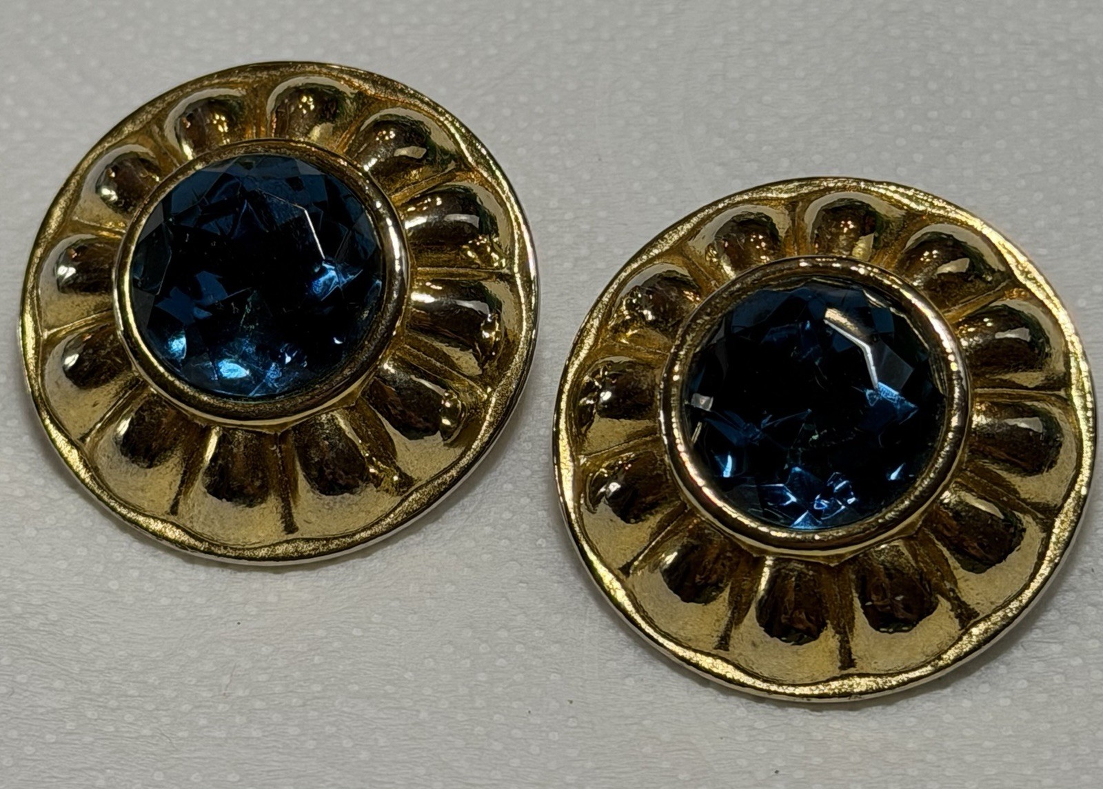 Vintage Blue Faceted Glass Clip On Earrings Gold Tone Round Statement
