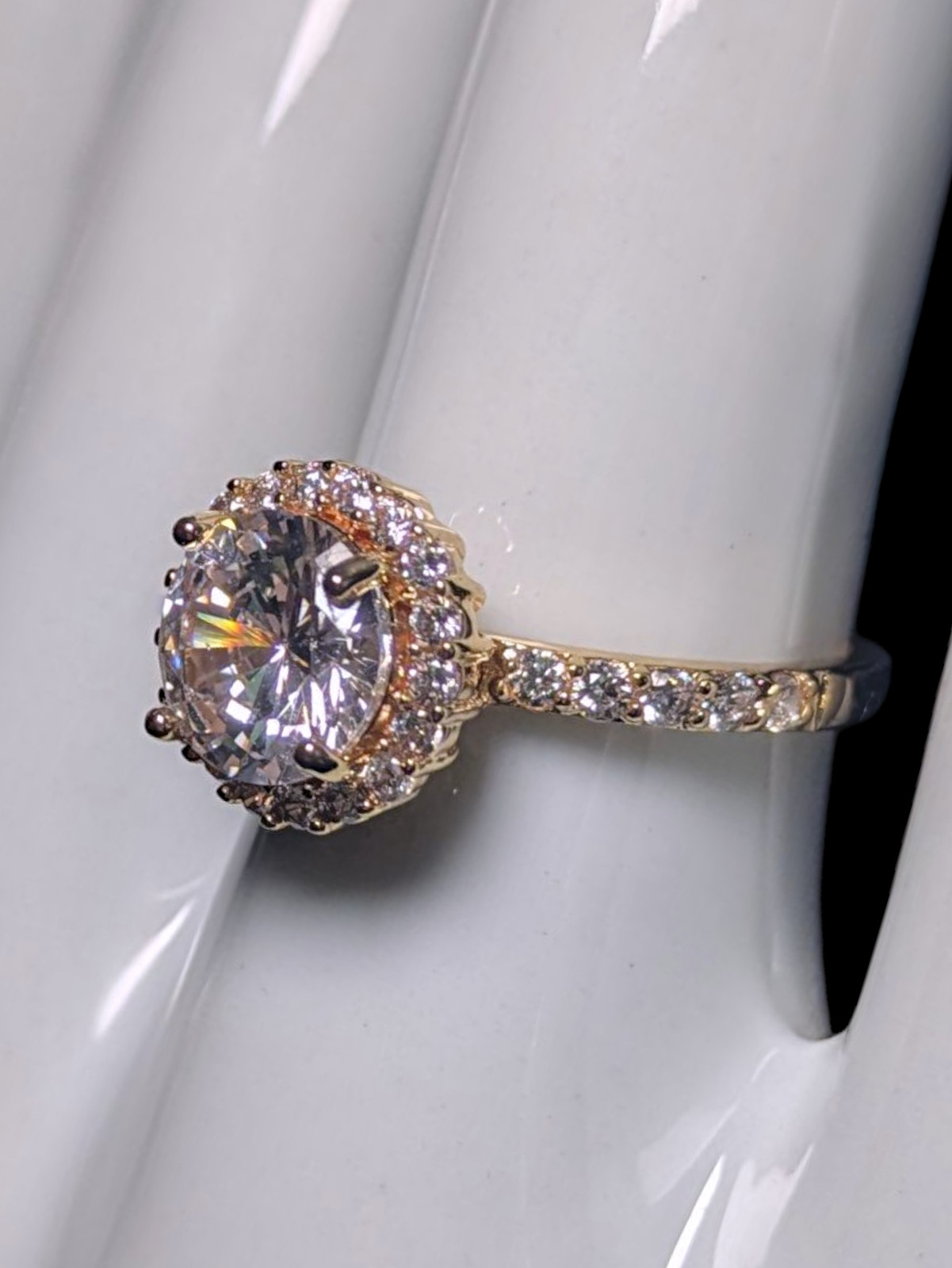 Vintage Inspired Round Cut Simulated Diamond Solitaire with Simulated Diamond Ha