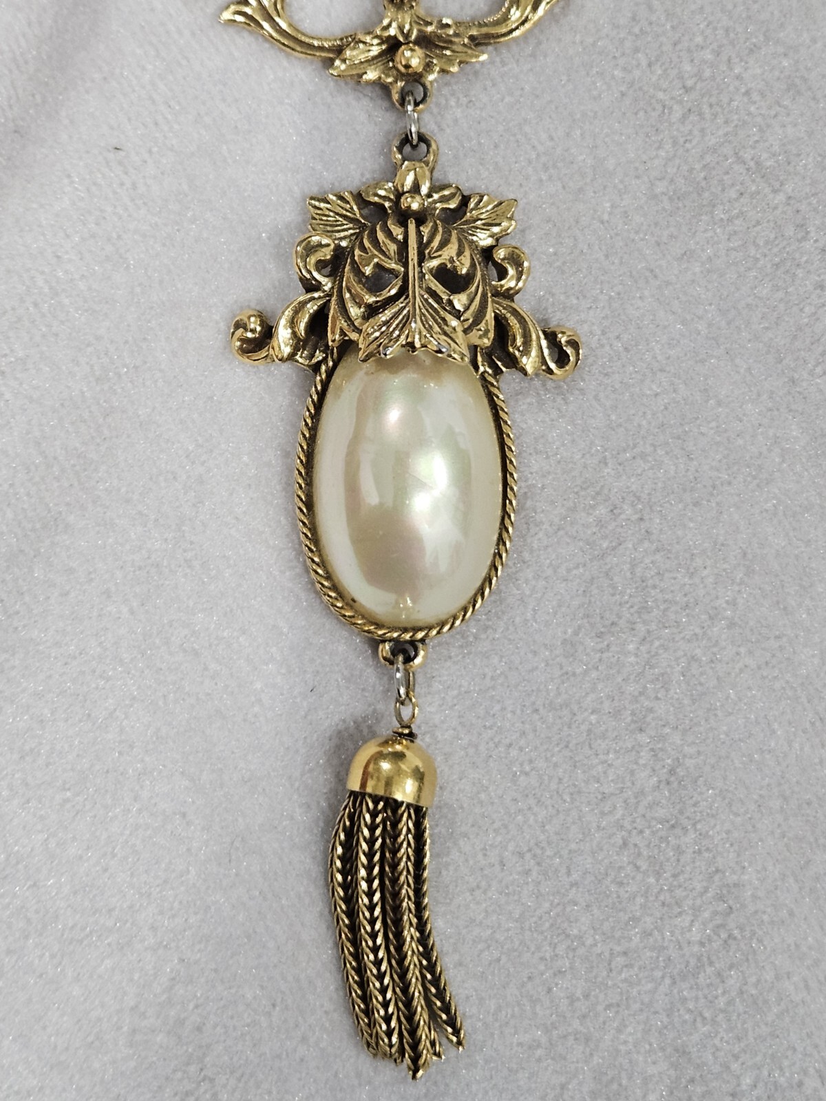 Vintage Goldette White Faux Pearl Dangle Fringe Victorian Revival Necklace 60’s