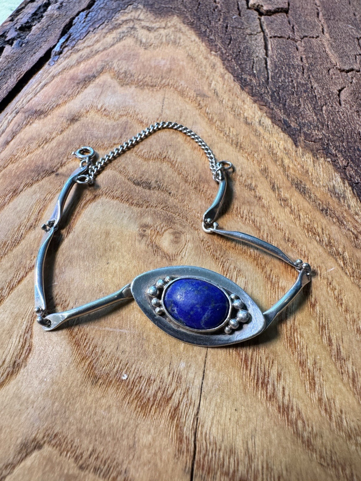 Vintage Sterling Silver Lapis Lazuli Bracelet Modernist Mid Century Safety Chain