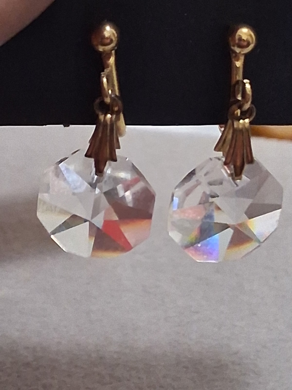 Gold filled faceted crystal dangle drop adjustable clip on earrings, geometric