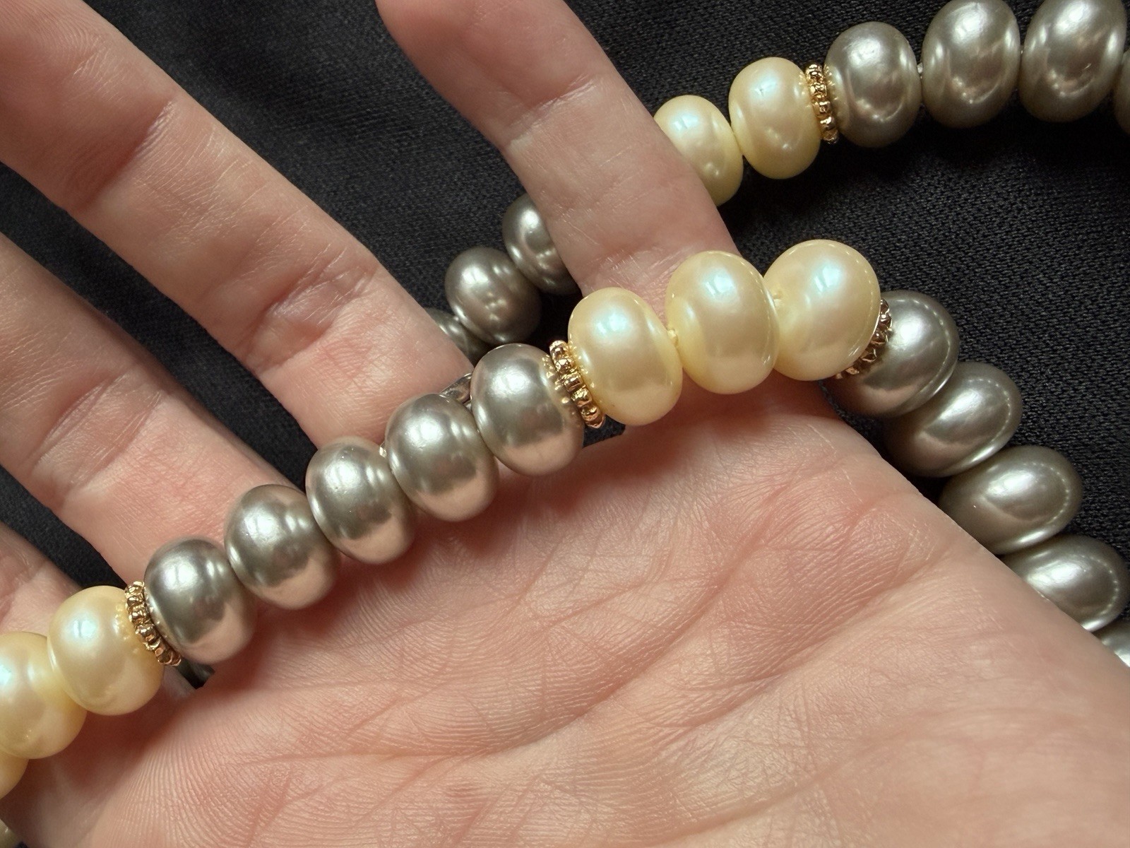 Monet Signed Vintage Faux Pearl Necklace Oval Baroque Gold Spacers 16.5 in