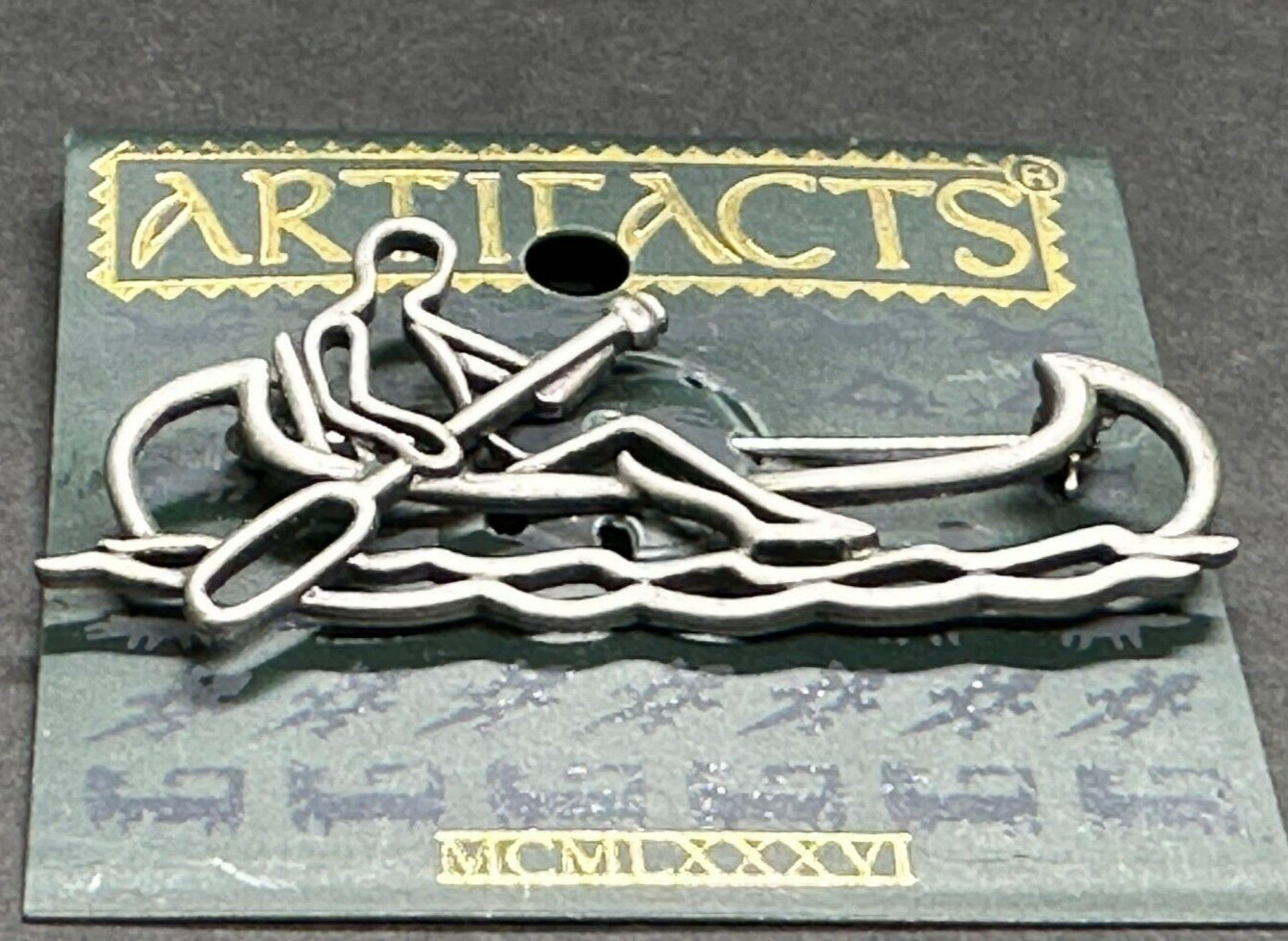 J J Jonette Jewelry Vintage NWT Canoe Paddle Person Waves Brooch Pin Pewter