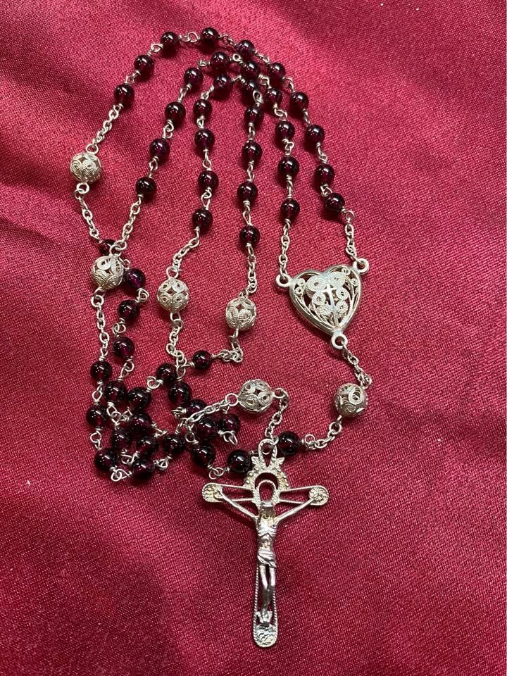 Beautiful Sterling Silver Catholic Rosary Devotional Prayer Beads – 21.5″