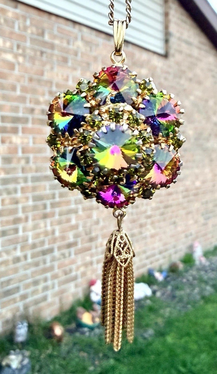 Vtg Juliana Watermelon Heliotrope Rivoli Tassel Pendant Necklace