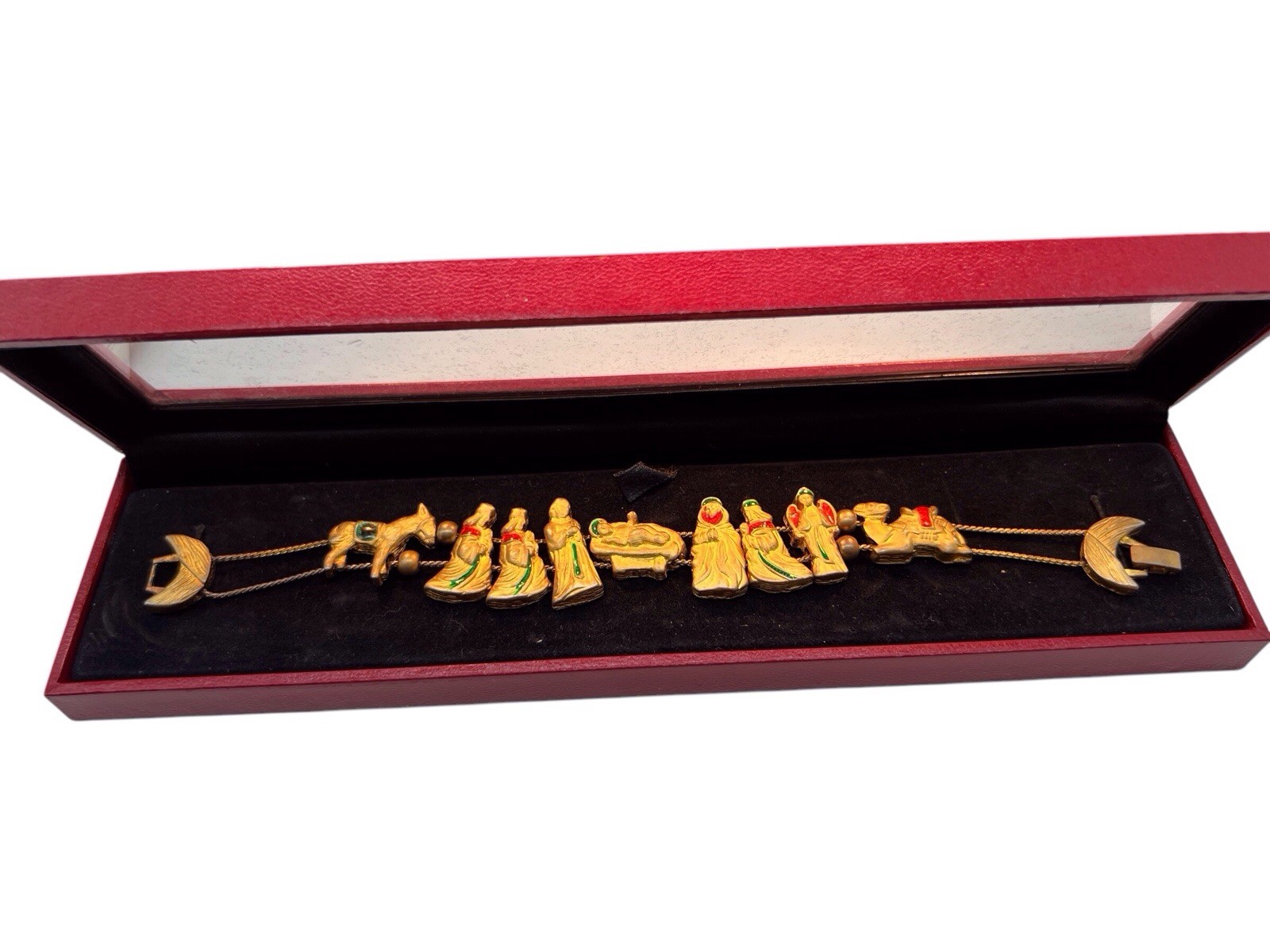 Christmas Nativity Gold-Tone Enamel Charm Slide Bracelet Signed Two Sisters WB
