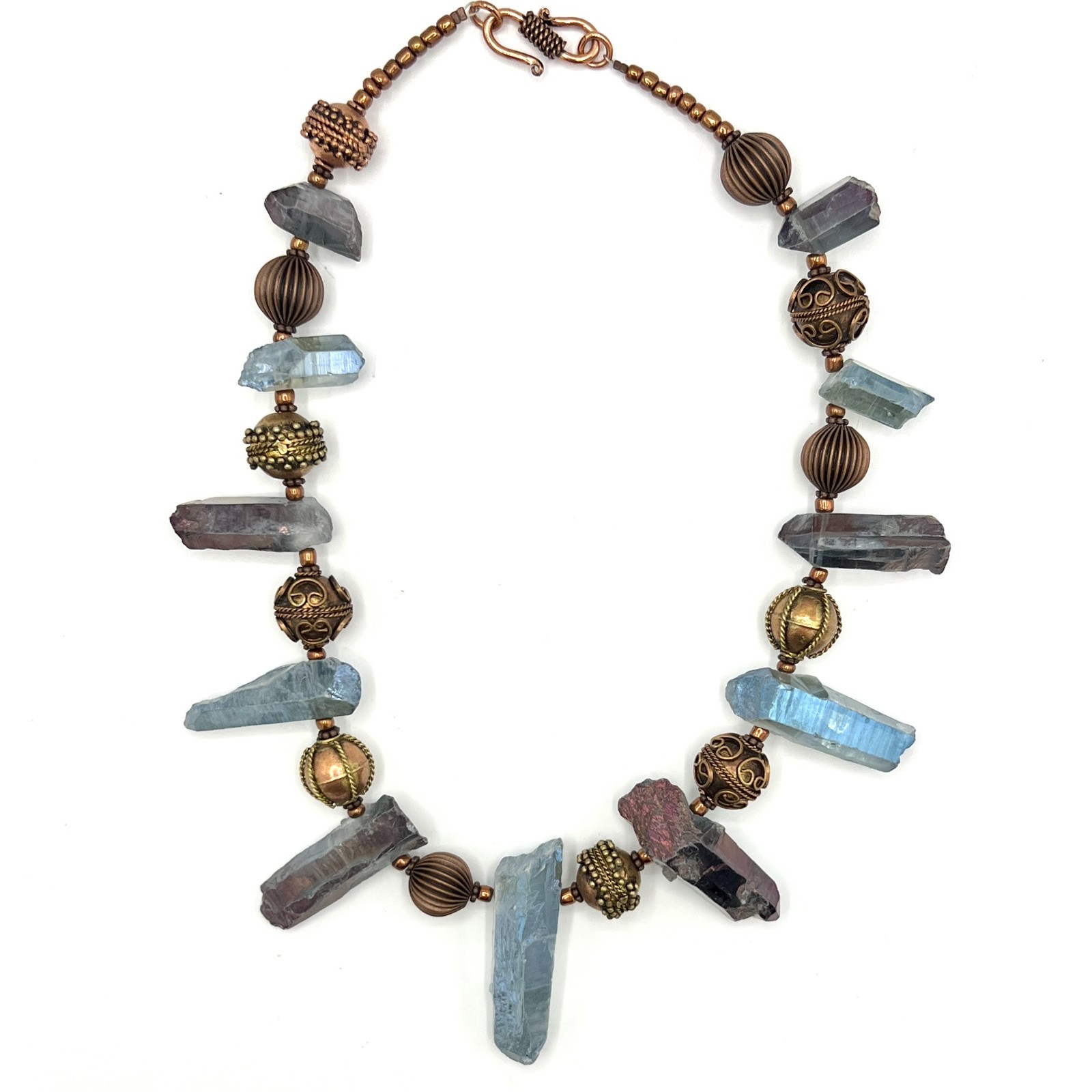 Artisan Raw Crystal & Brass Tone Statement Necklace-Unique handmade Boho Design