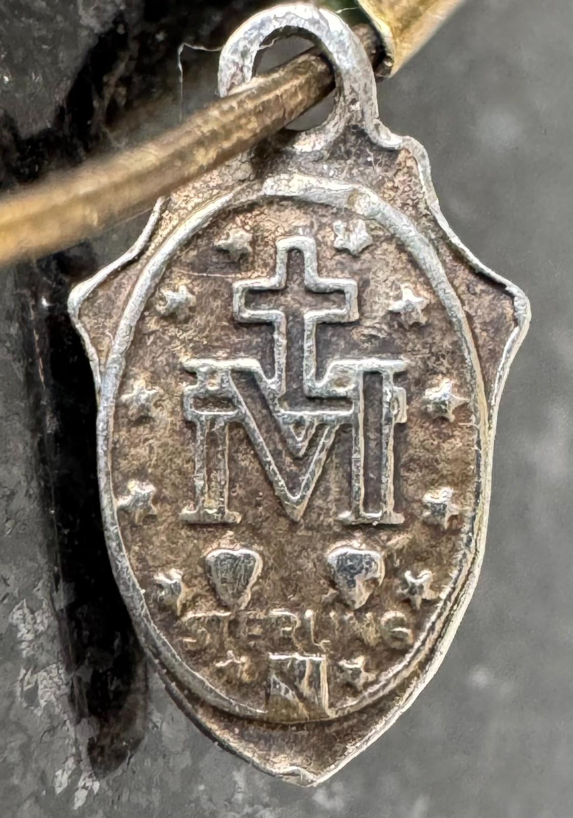 Vintage Religious Protection Pin Sterling Silver Blue Medal Charm