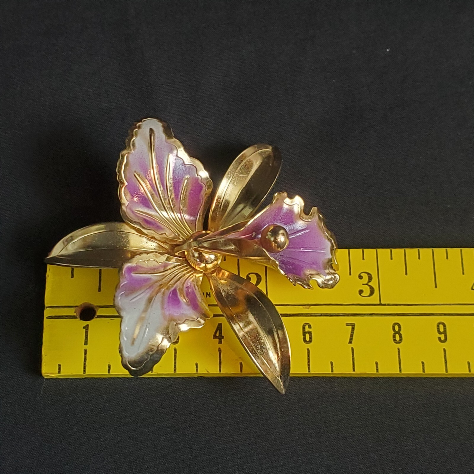 Flower Orchid White Purple Enamel Vintage Gold Brooch Statement Pin Large