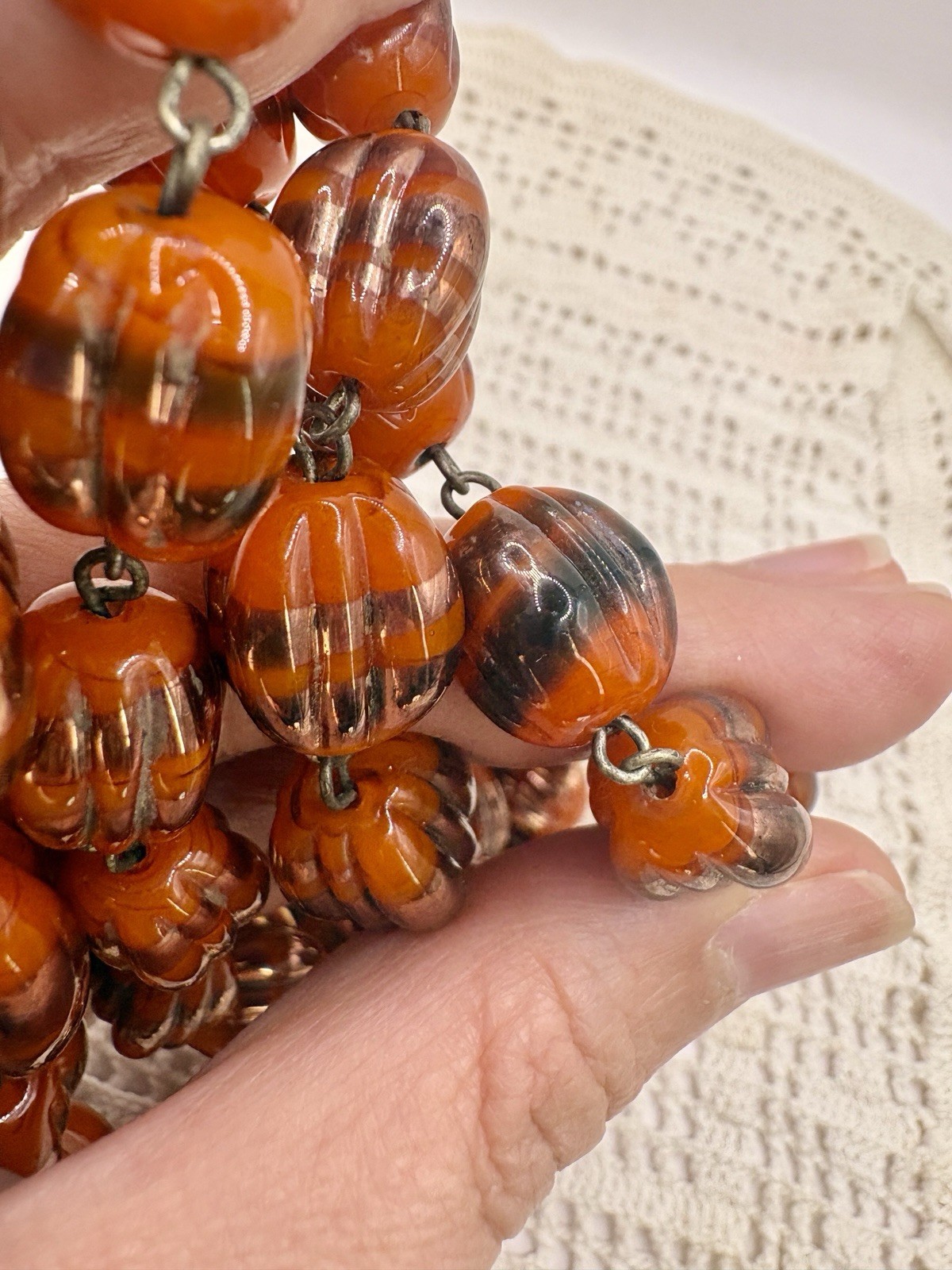 Vintage Czech Melon Foil Glass Graduated Necklace Lampwork Pumpkin 28”