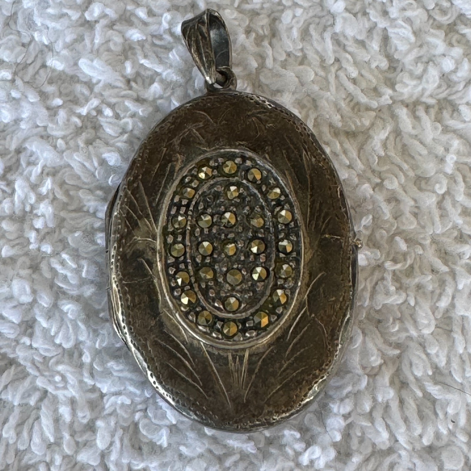 Vintage Signed NF 925 Marcasite Flora Locket Pendant Oval 12.58G Sterling Silver