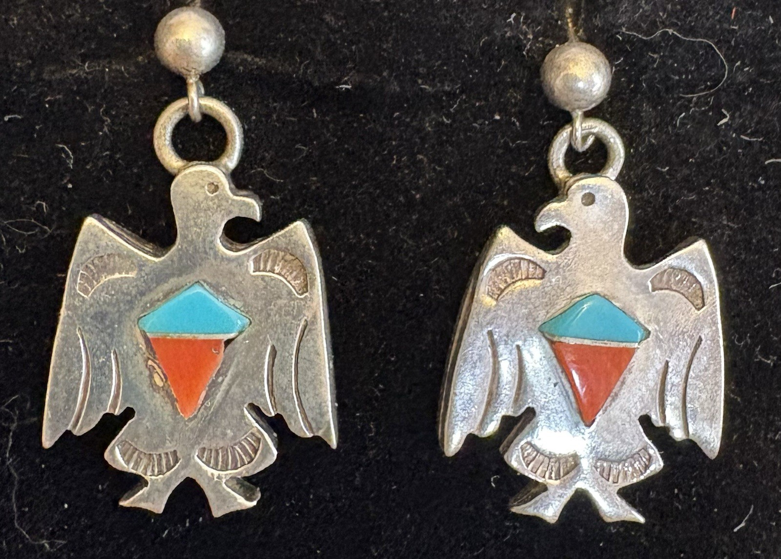 Vintage Native American Sterling Silver Turquoise Red Coral Thunderbird Earrings